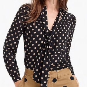 J crew tan polka dot pusssy bow blouse